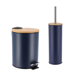 Navy blue bathroom set with trash bin featuring bamboo lid and matching toilet brush holder with stainless steel handle