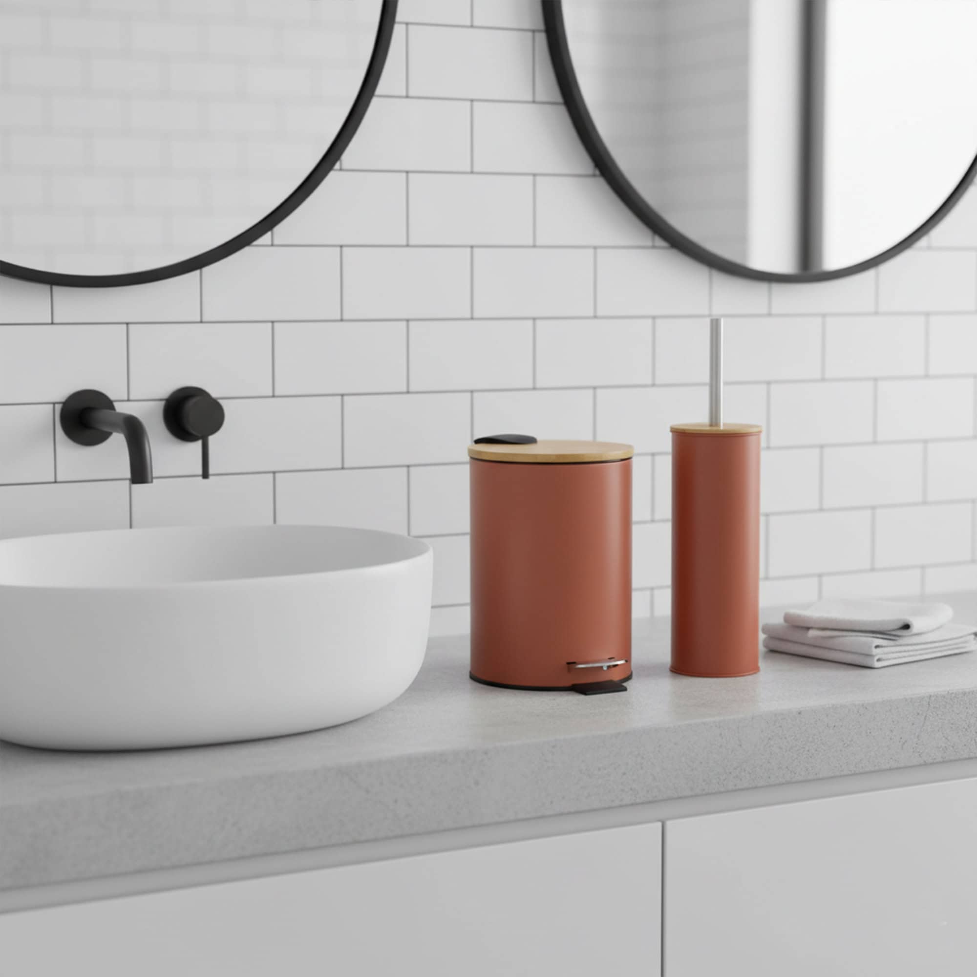 Terracotta trash can and toilet brush with bamboo lids on bathroom counter