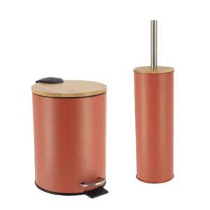Terracotta bathroom set with trash bin featuring bamboo lid and matching toilet brush holder with stainless steel handle
