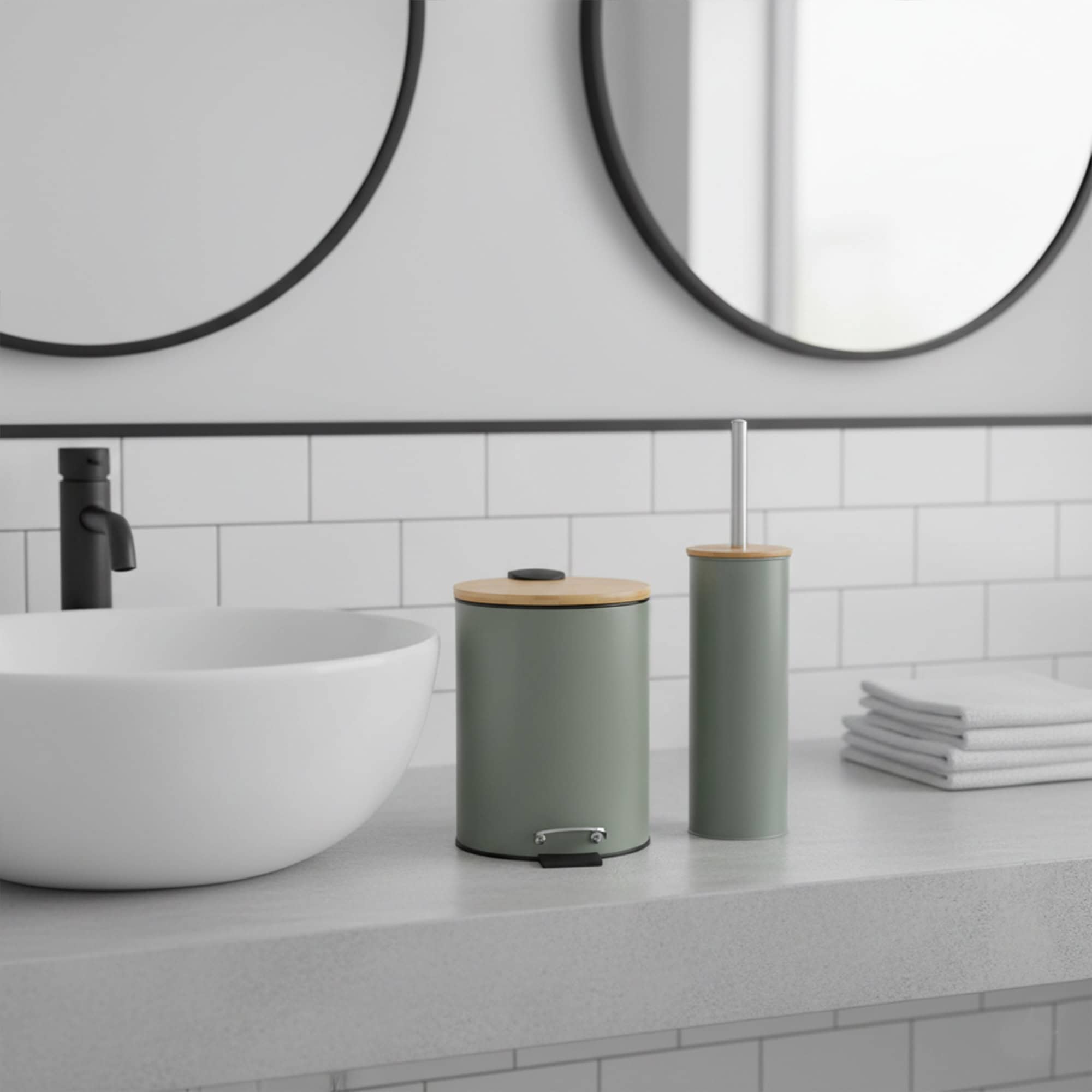 Green trash can and toilet brush with bamboo lids on bathroom counter