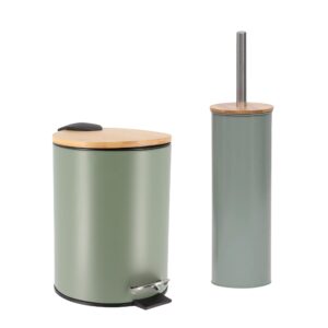 Green bathroom set with trash bin featuring bamboo lid and matching toilet brush holder with stainless steel handle