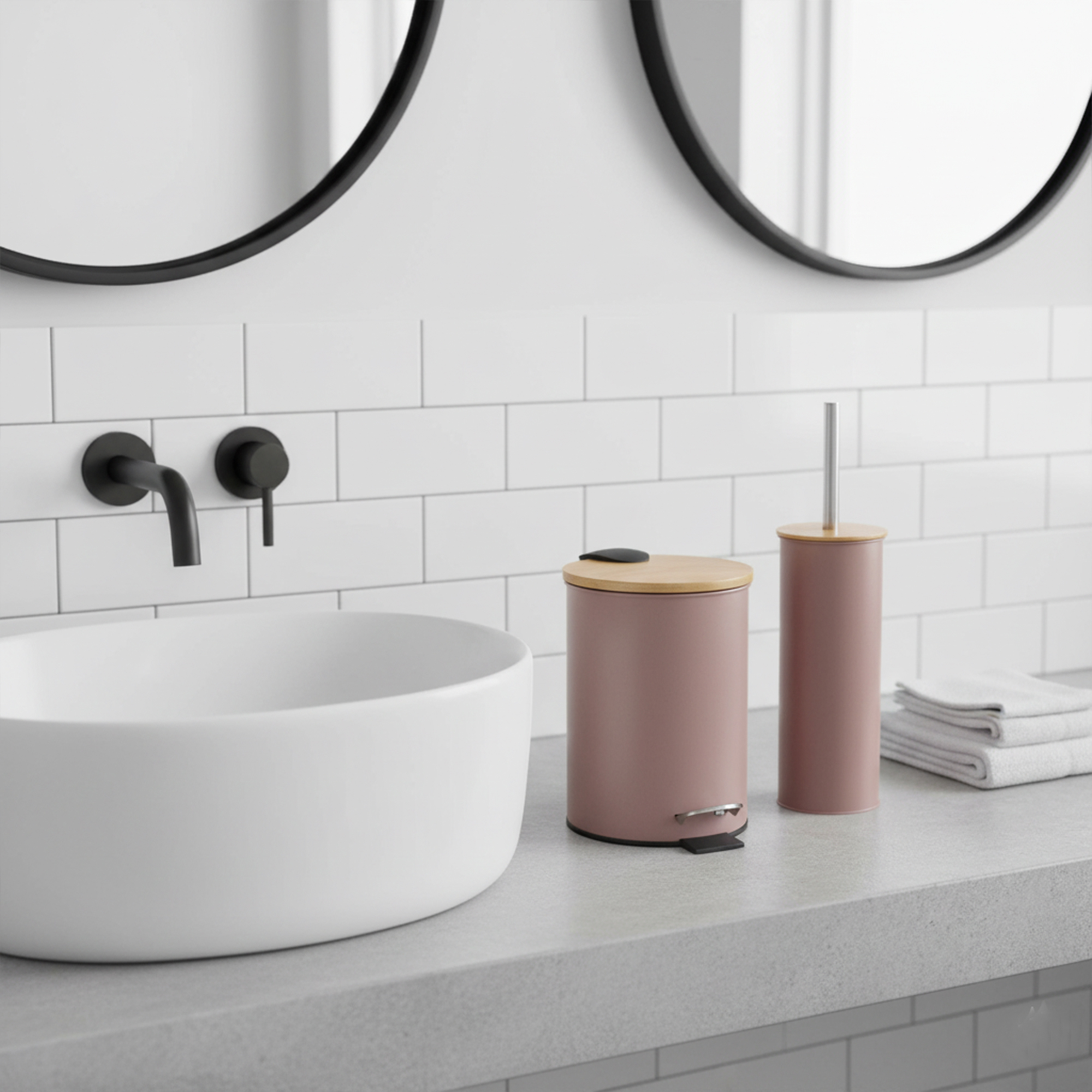 Cappuccino trash can and toilet brush with bamboo lids on bathroom counter