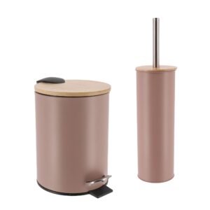 Cappuccino bathroom set with trash bin featuring bamboo lid and matching toilet brush holder with stainless steel handle