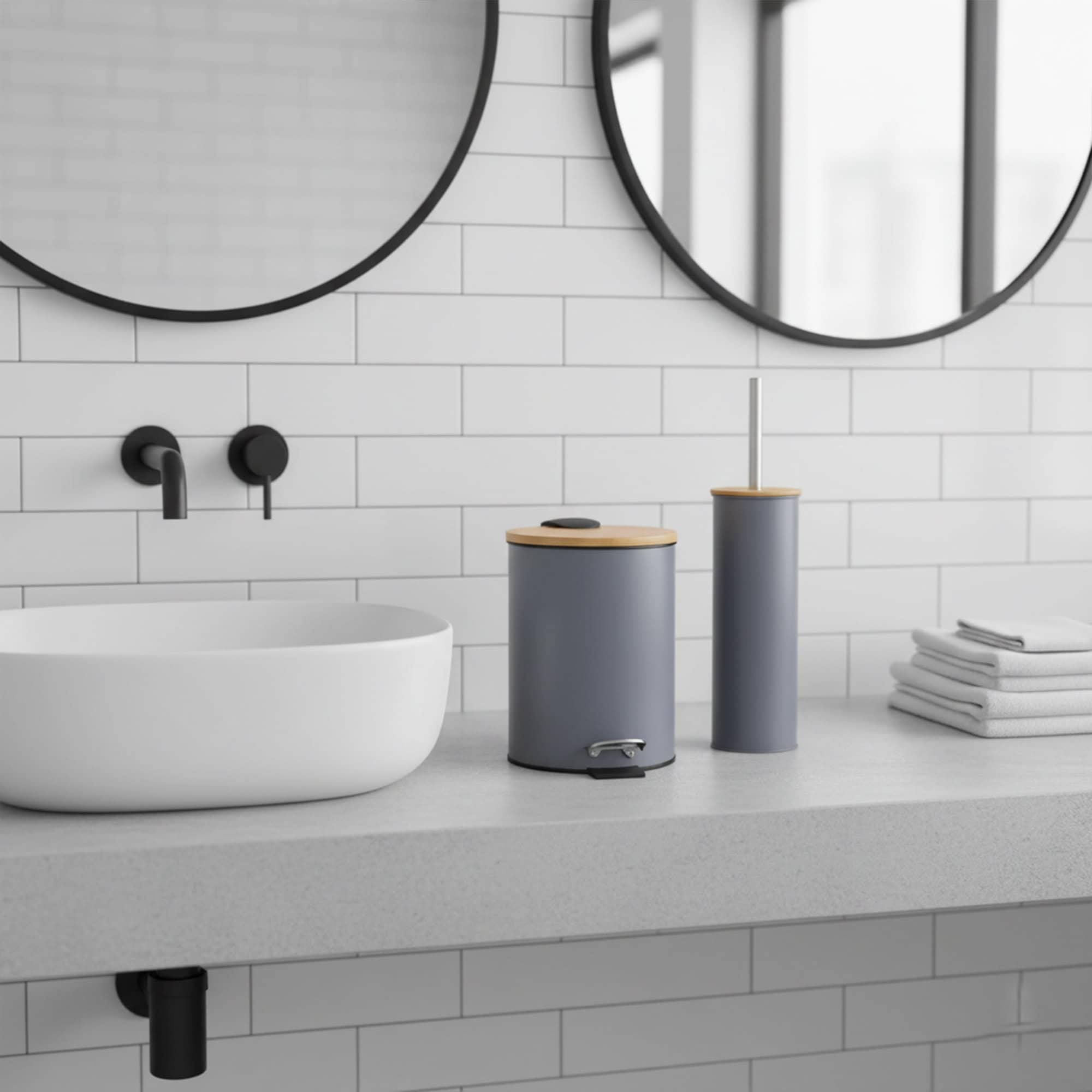 Green trash can and toilet brush with bamboo lids on bathroom counter