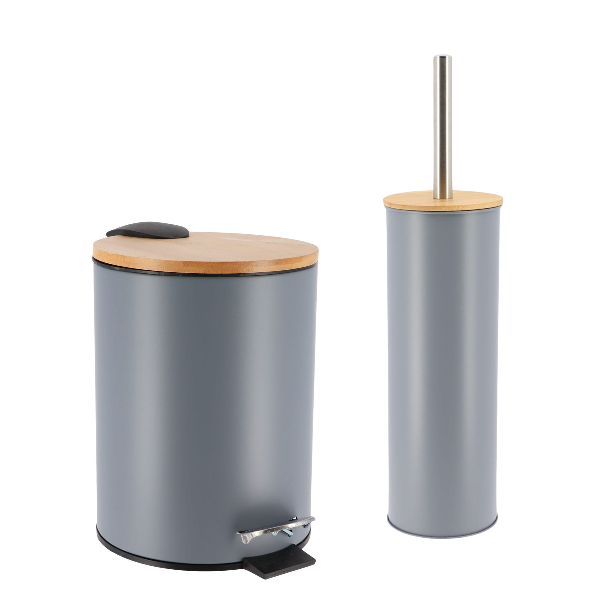 Gray bathroom set with trash bin featuring bamboo lid and matching toilet brush holder with stainless steel handle