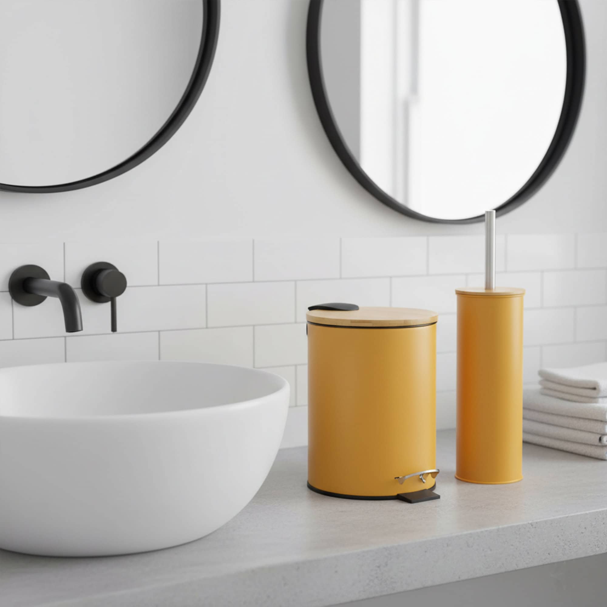 Mustard yellow trash can and toilet brush with bamboo lids on bathroom counter
