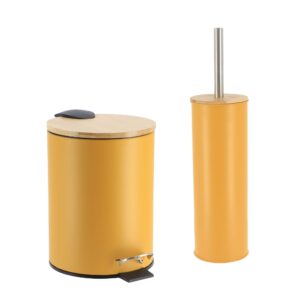 Mustard yellow bathroom set with trash bin featuring bamboo lid and matching toilet brush holder with stainless steel handle