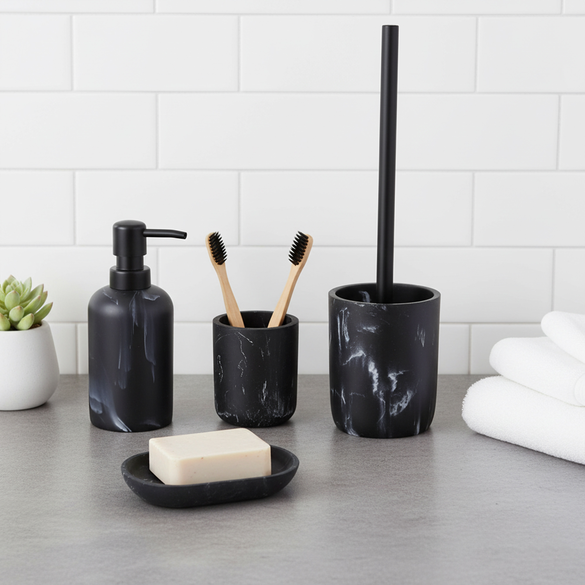 Black marble bathroom accessory set with tumbler soap dish dispenser