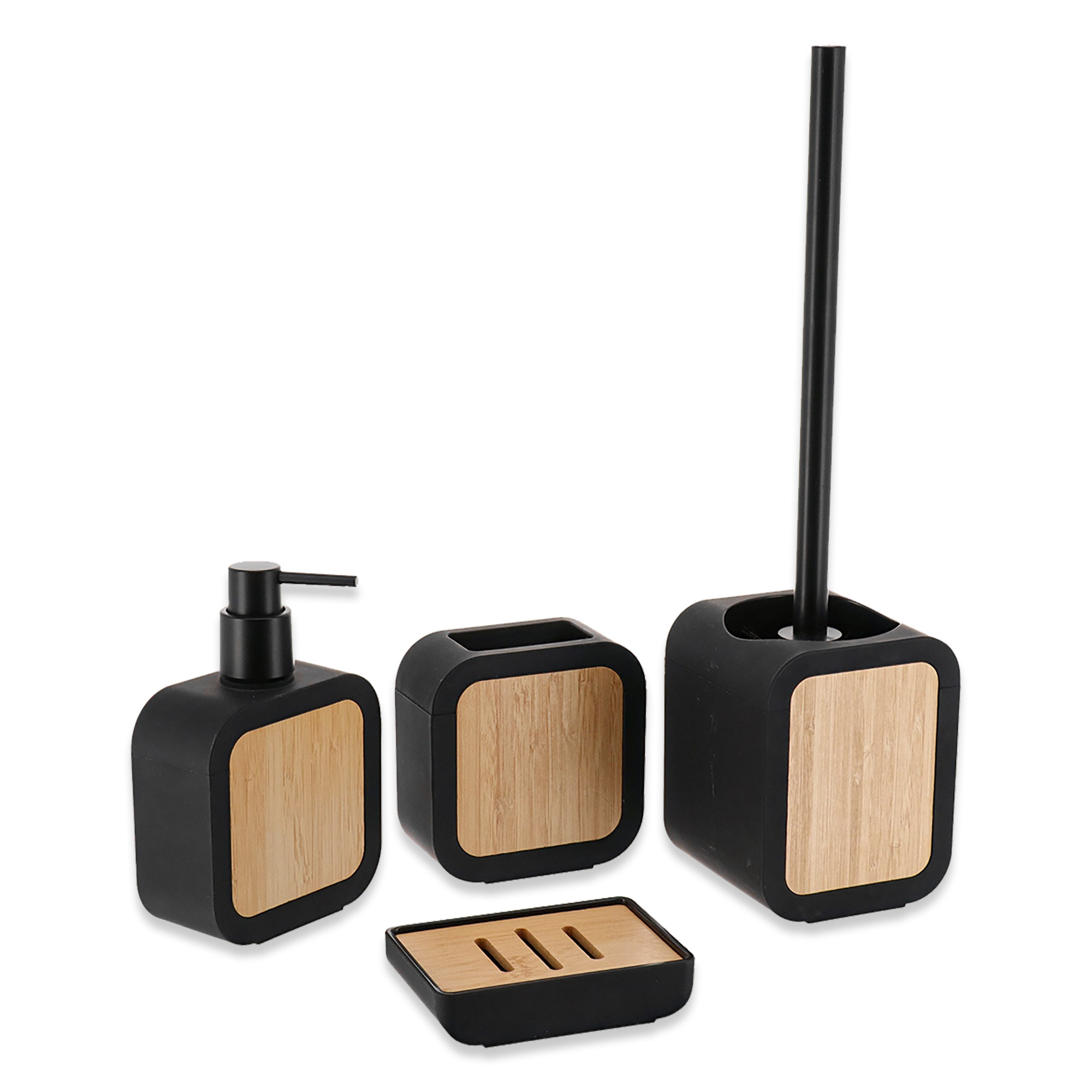 Complete 4-piece bathroom accessory set featuring soap dispenser, toothbrush holder, soap dish, and toilet brush with bamboo panels