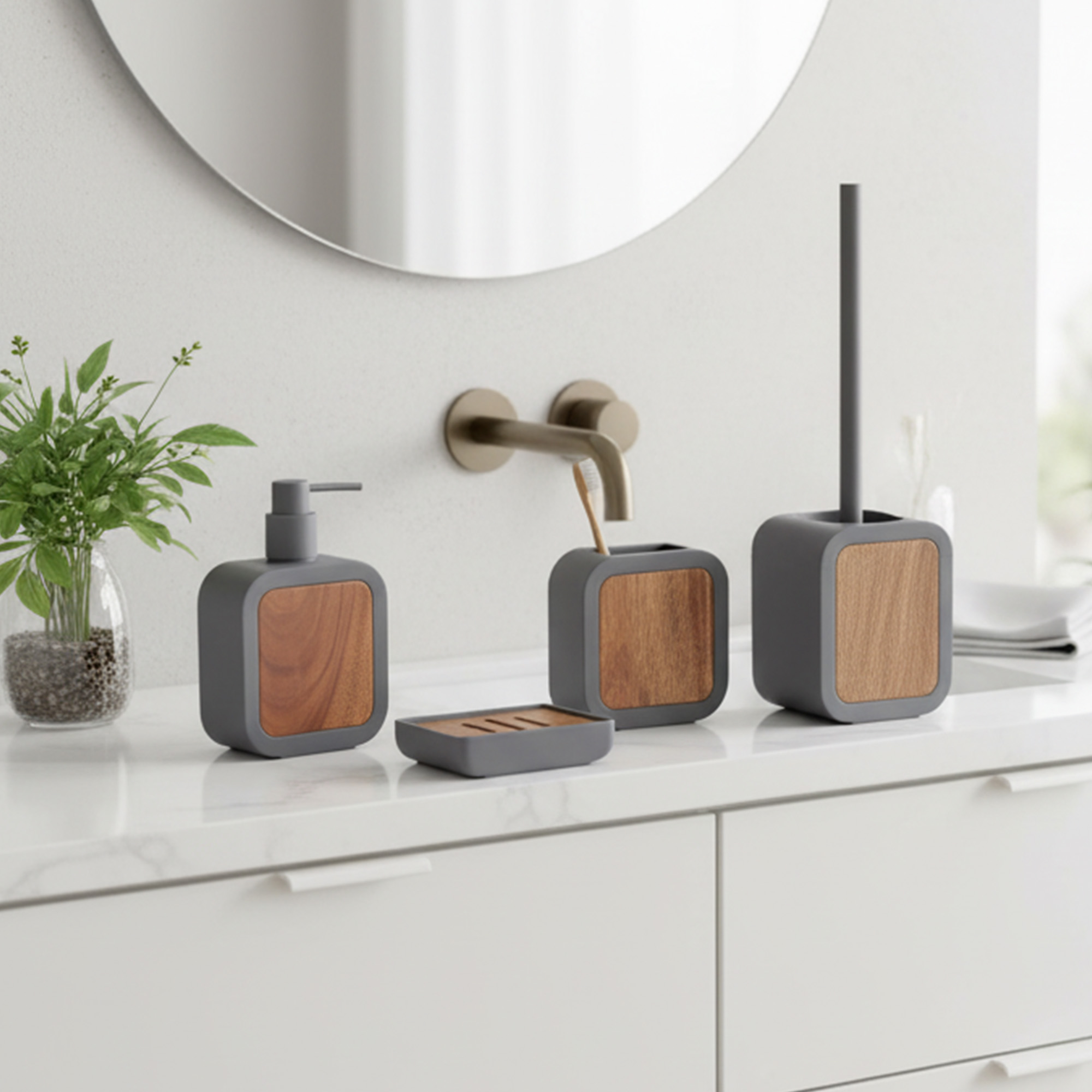Gray bathroom accessory set with wood accents including dispenser, tumbler, soap dish, and toilet brush on countertop