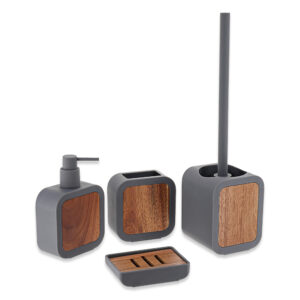 Complete 4-piece bathroom accessory set featuring soap dispenser, toothbrush holder, soap dish, and toilet brush with acacia wood panels