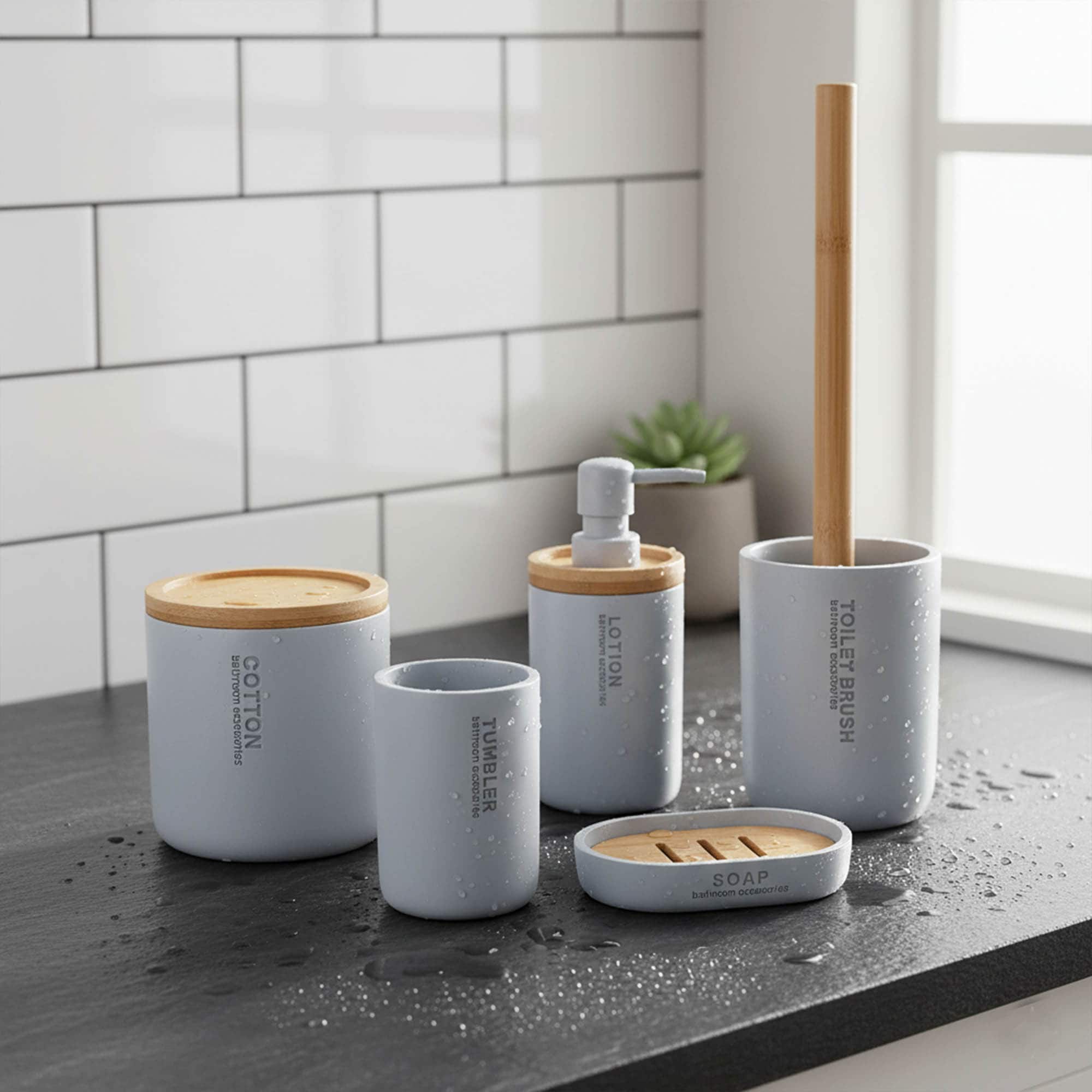 Light blue bathroom accessory set with bamboo details shown on wet countertop near window
