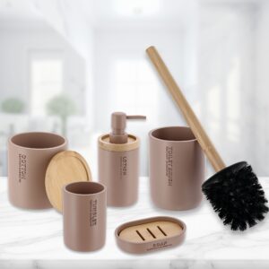 Cappuccino 5-piece bathroom set with soap dish, tumbler, cotton jar, lotion pump, and toilet brush