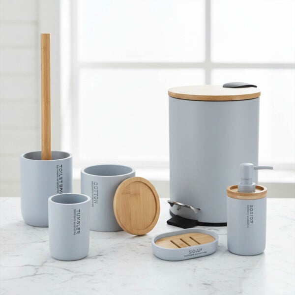 Light blue 6-piece bathroom accessory set with bamboo lids and accents displayed on a marble countertop