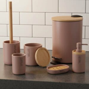 Willis cappuccino 6-piece bathroom accessory set with bamboo accents on marble counter