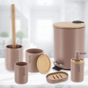 Cappuccino 6-piece bathroom set with trash can, toilet brush, tumbler, cotton jar, lotion pump, and soap dish