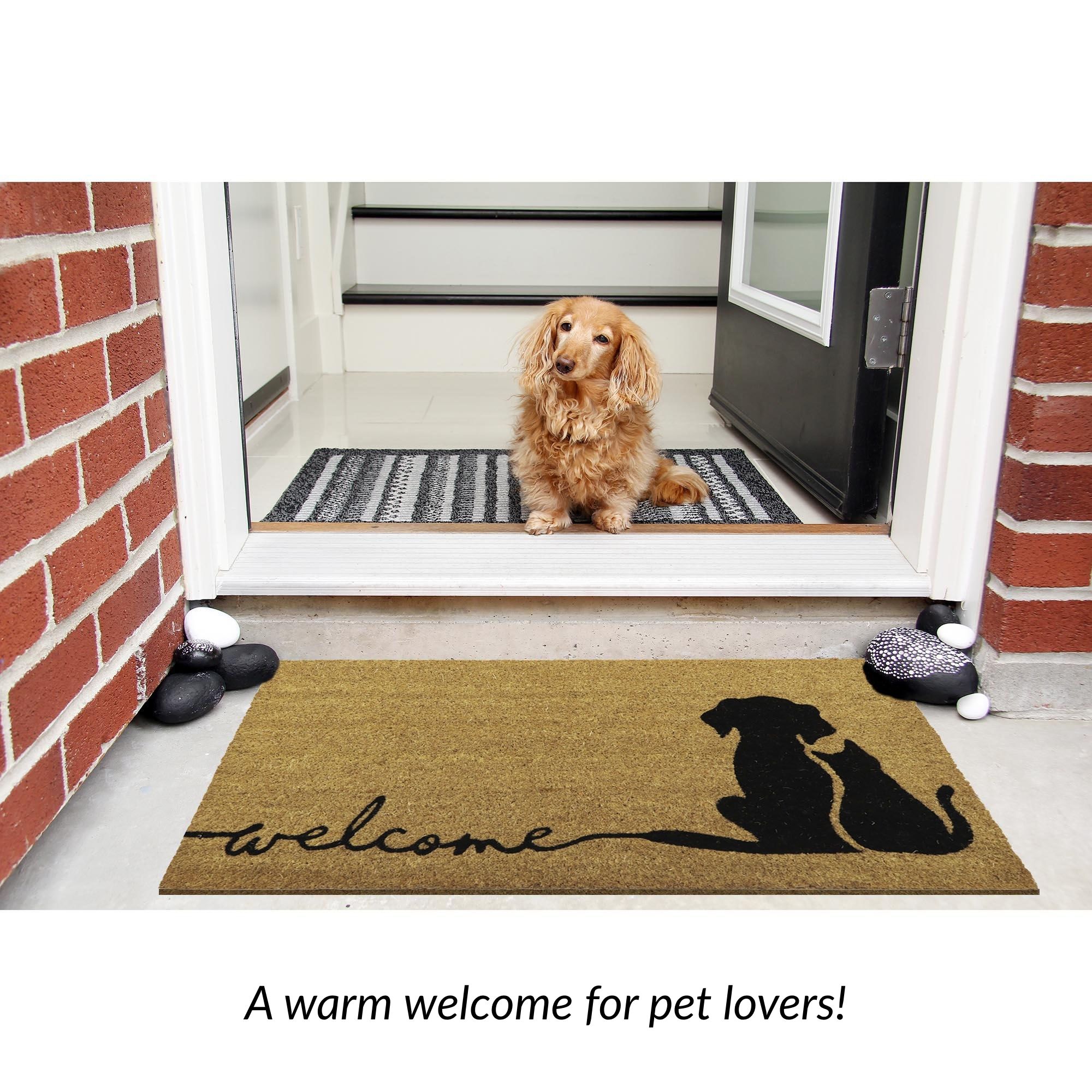 Pet-themed coir doormat with dog and cat silhouette design in black, ideal for animal lovers’ entryway