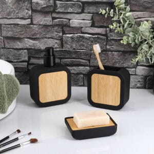 Urban collection set with toothbrush holder, soap dispenser, and dish in bathroom setting