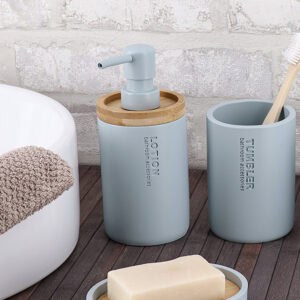 Countertop soap dispenser with pump and matching tumbler cup