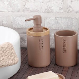 Countertop soap dispenser with pump and matching tumbler cup