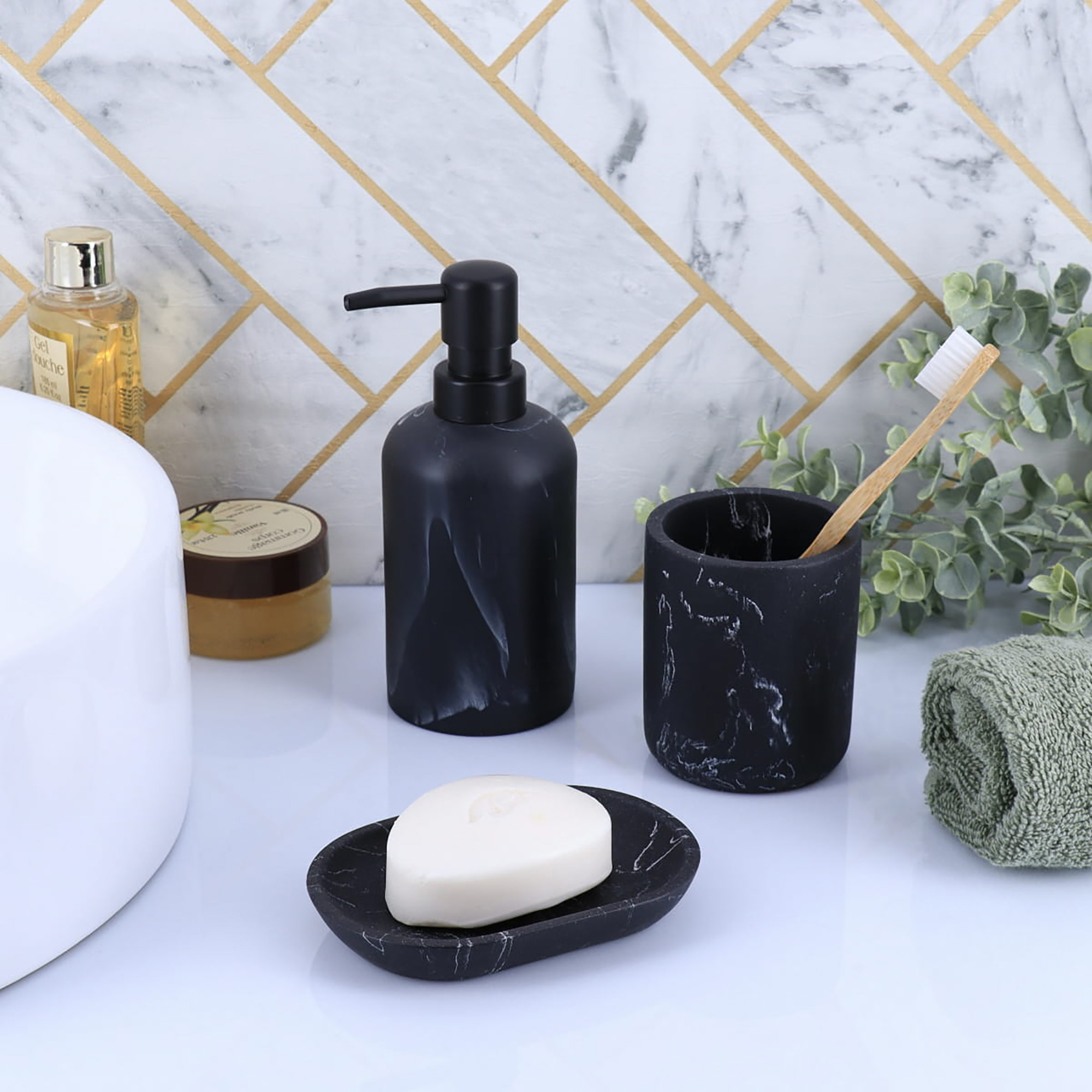 Black marble soap dispenser with bathroom accessories