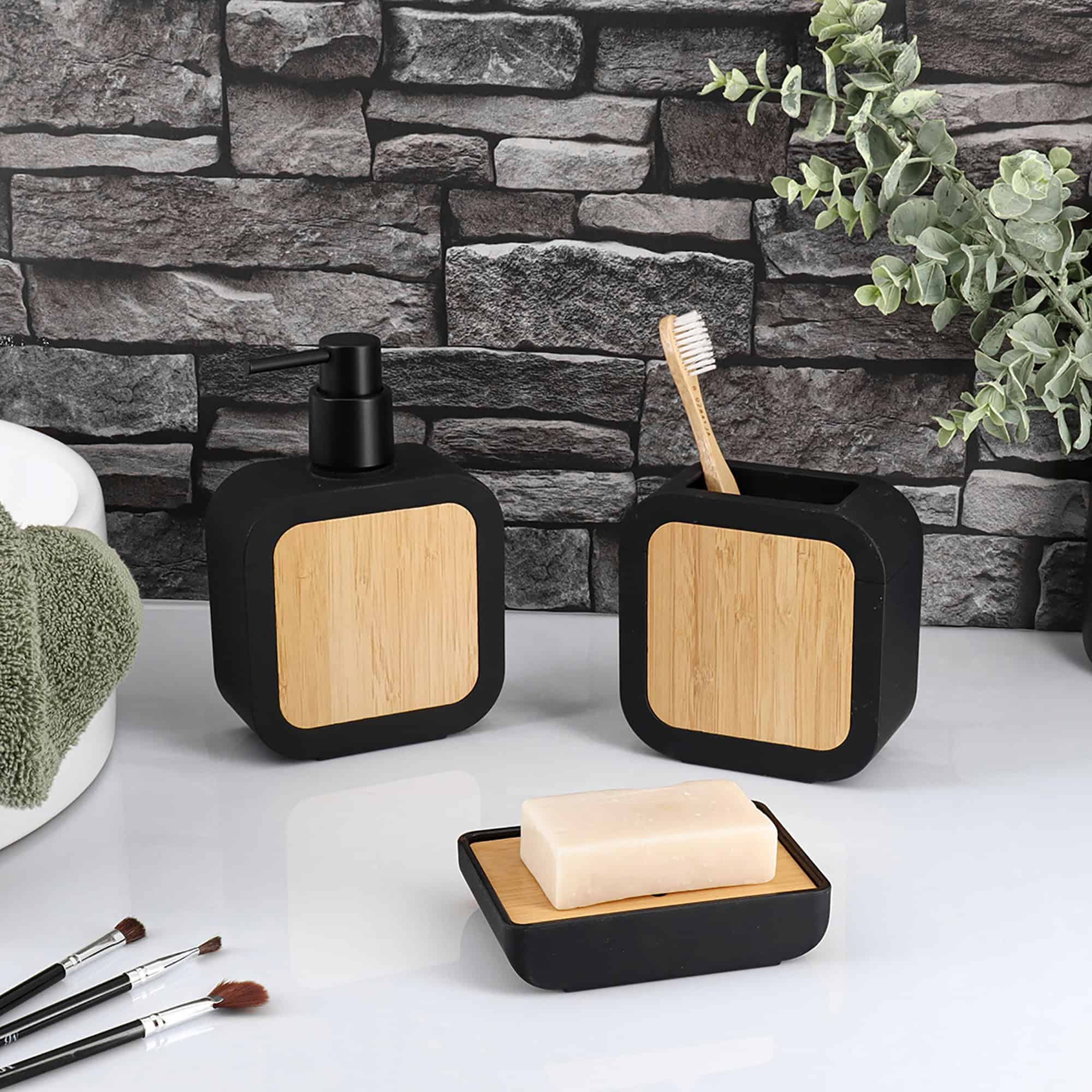 Urban collection soap dispenser, toothbrush holder, and dish set in bathroom decor
