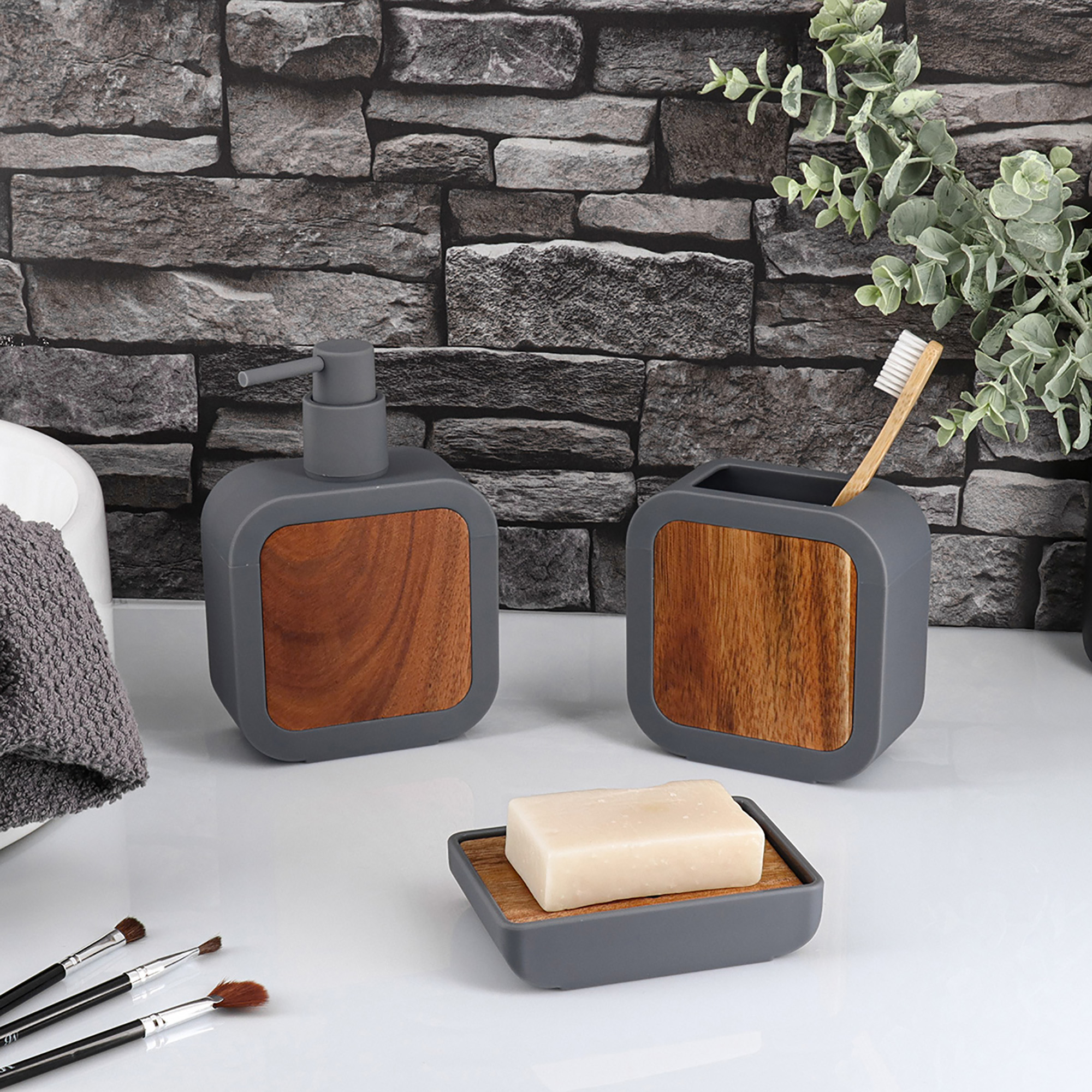 Urban collection soap dispenser, toothbrush holder, and dish set in bathroom decor