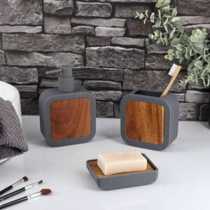 Urban collection set with soap dish, dispenser, and toothbrush holder in gray and acacia finish