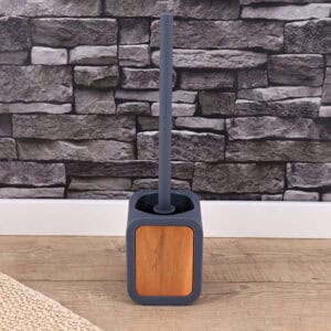 Gray and acacia toilet brush holder displayed in a modern bathroom