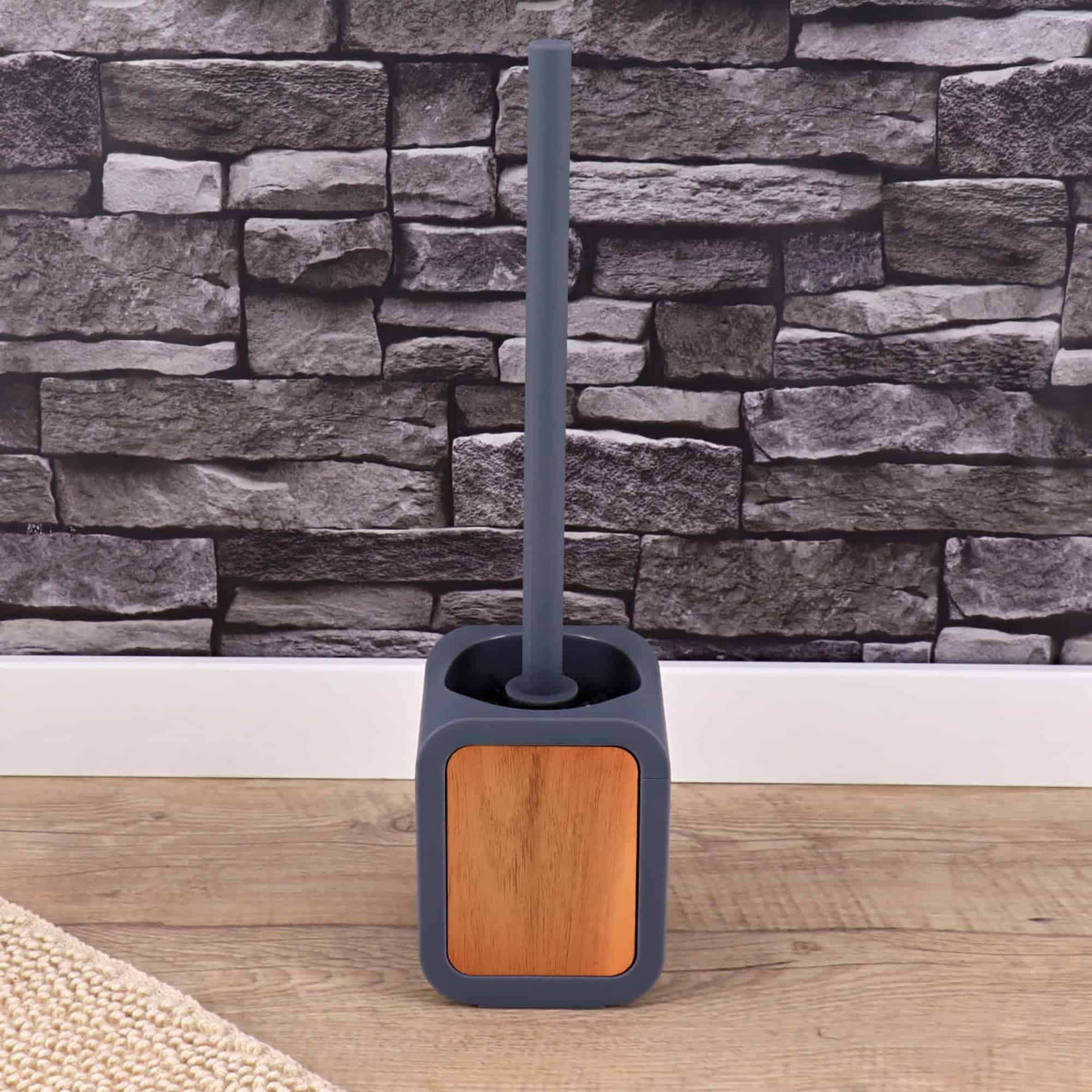 Gray and acacia toilet brush holder displayed in a modern bathroom