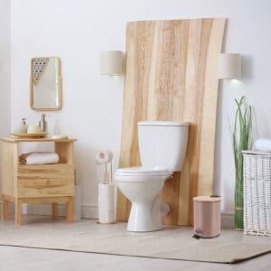 Cappuccino waste bin with bamboo cover in neutral bathroom decor