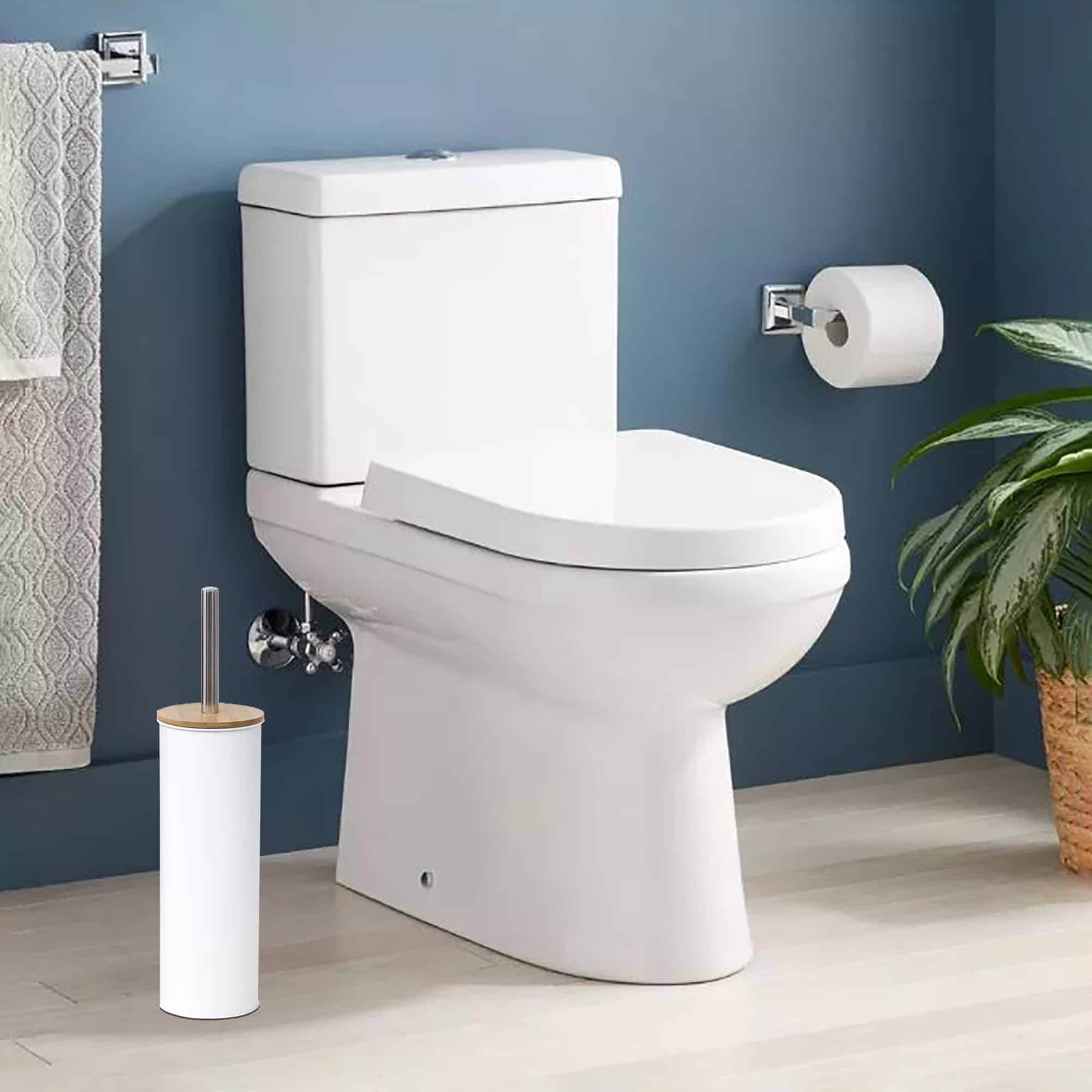White toilet brush in clean bathroom with blue walls, beside white toilet