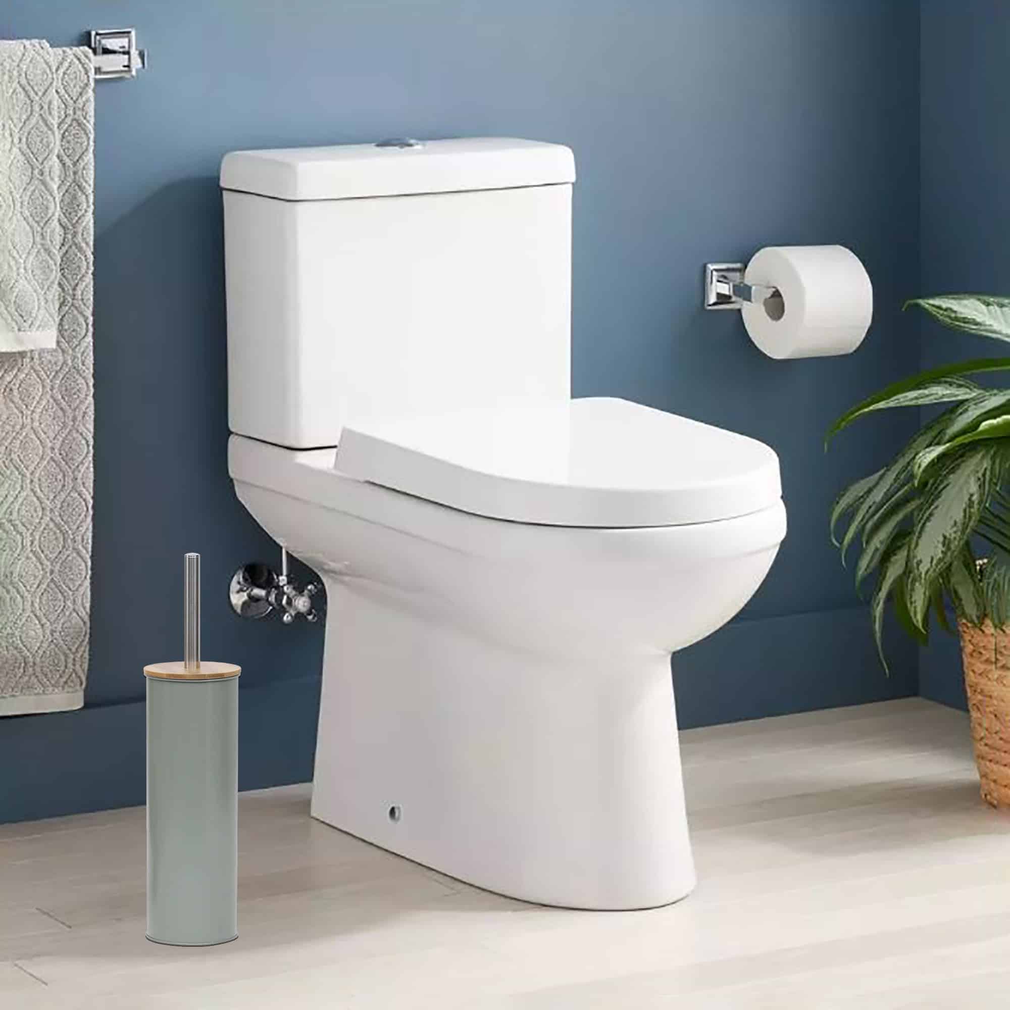 Green toilet brush placed in clean bathroom with blue walls, next to white toilet