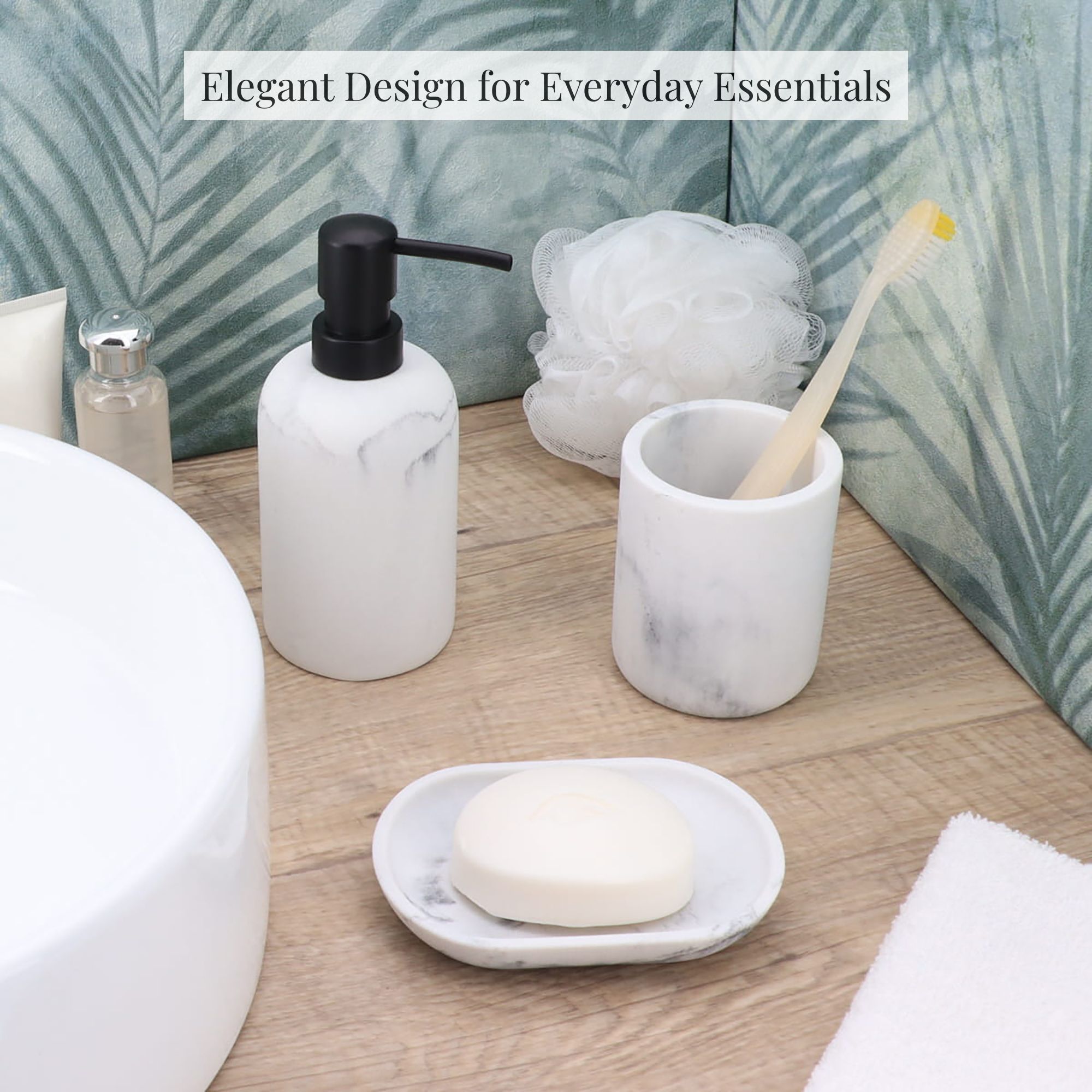 White marble bathroom set with accessories