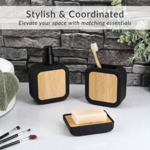 Matching soap dispenser, toothbrush holder, soap dish, and toilet brush in black rubber and natural bamboo wood design