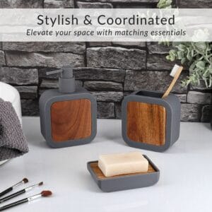 Matching soap dispenser, toothbrush holder, soap dish, and toilet brush in gray rubber and natural acacia wood design