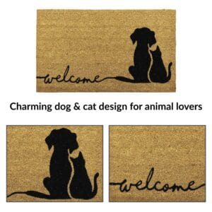 Close-up of coir door mat with dog and cat silhouettes and black cursive welcome text for pet lovers