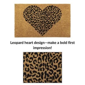Close-up of leopard heart pattern in black on natural coir mat, designed for stylish front doors