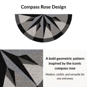 Bold compass rose design in black and gray shades on textured coir half-round doormat for entryway decor