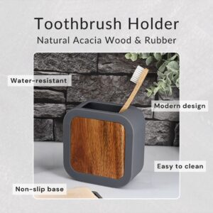 Toothbrush holder features text overlay: water-resistant, easy to clean, non-slip base
