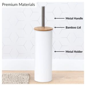 Diagram showing metal handle, bamboo lid, and metal holder on white toilet brush