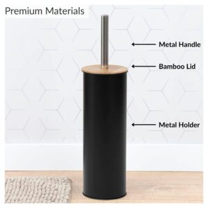 Diagram showing metal handle, bamboo lid, and metal holder on black toilet brush