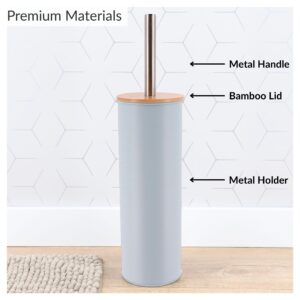 Diagram showing metal handle, bamboo lid, and metal holder on light blue toilet brush