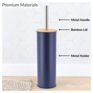 Diagram showing metal handle, bamboo lid, and metal holder on navy blue toilet brush