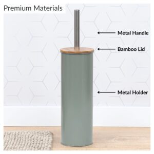 Diagram showing metal handle, bamboo lid, and metal holder on green toilet brush