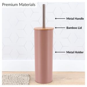 Diagram showing metal handle, bamboo lid, and metal holder on cappuccino toilet brush