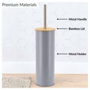 Diagram showing metal handle, bamboo lid, and metal holder on gray toilet brush