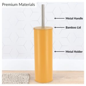 Diagram showing metal handle, bamboo lid, and metal holder on mustard yellow toilet brush