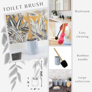 Toilet brush feature graphic showing bamboo handle, holder, use photos, and size diagram