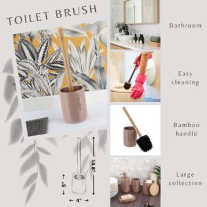 Toilet brush feature graphic showing bamboo handle, holder, use photos, and size diagram